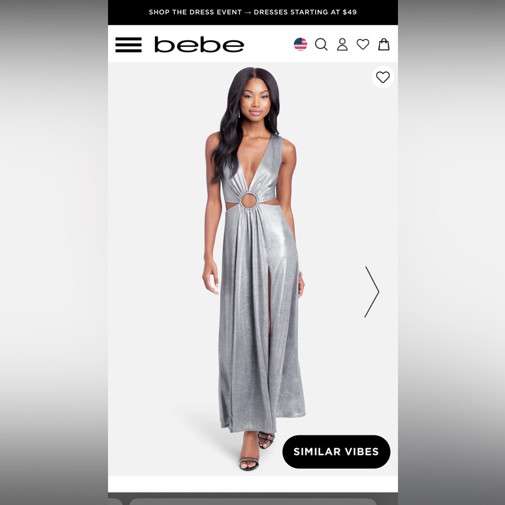 NWOT Bebe Silver Maxi dress size small